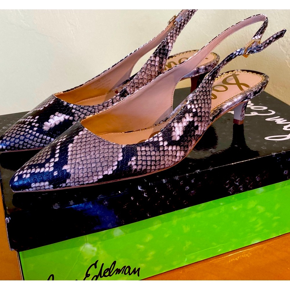 Sam Edelman elegant snakeskin kitten heel slingback.